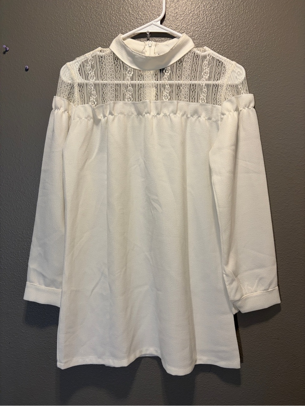 Yida Womens White High Neck Sheer Lace Illusion Long Sleeve Blouse Top Large